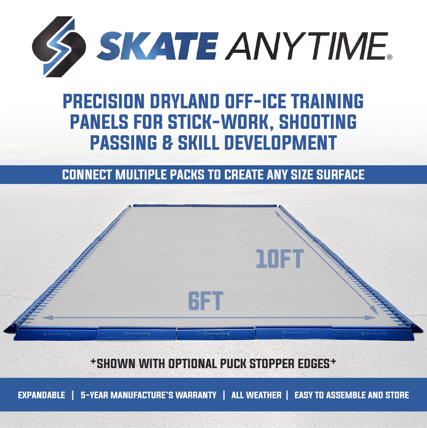 Gray precision dryland off-ice training panels shown on a light gray background with text detailing product features, dimensions (10ft by 6ft), and branding 'Skate Anytime'.