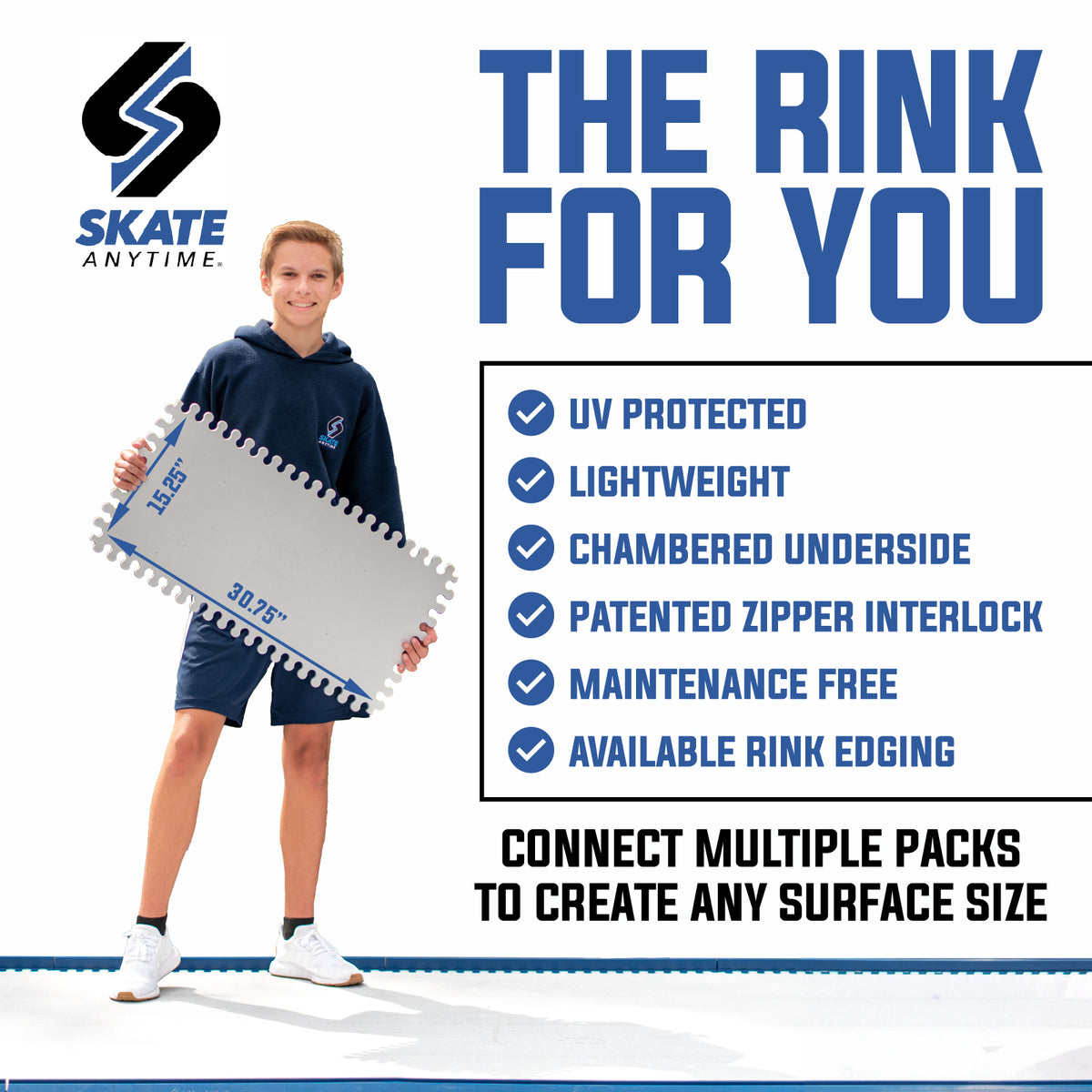 A promotional graphic for a large interlocking skate rink mat. A smiling young athlete in a navy hoodie and shorts stands holding the white mat, which has blue and gray markings.