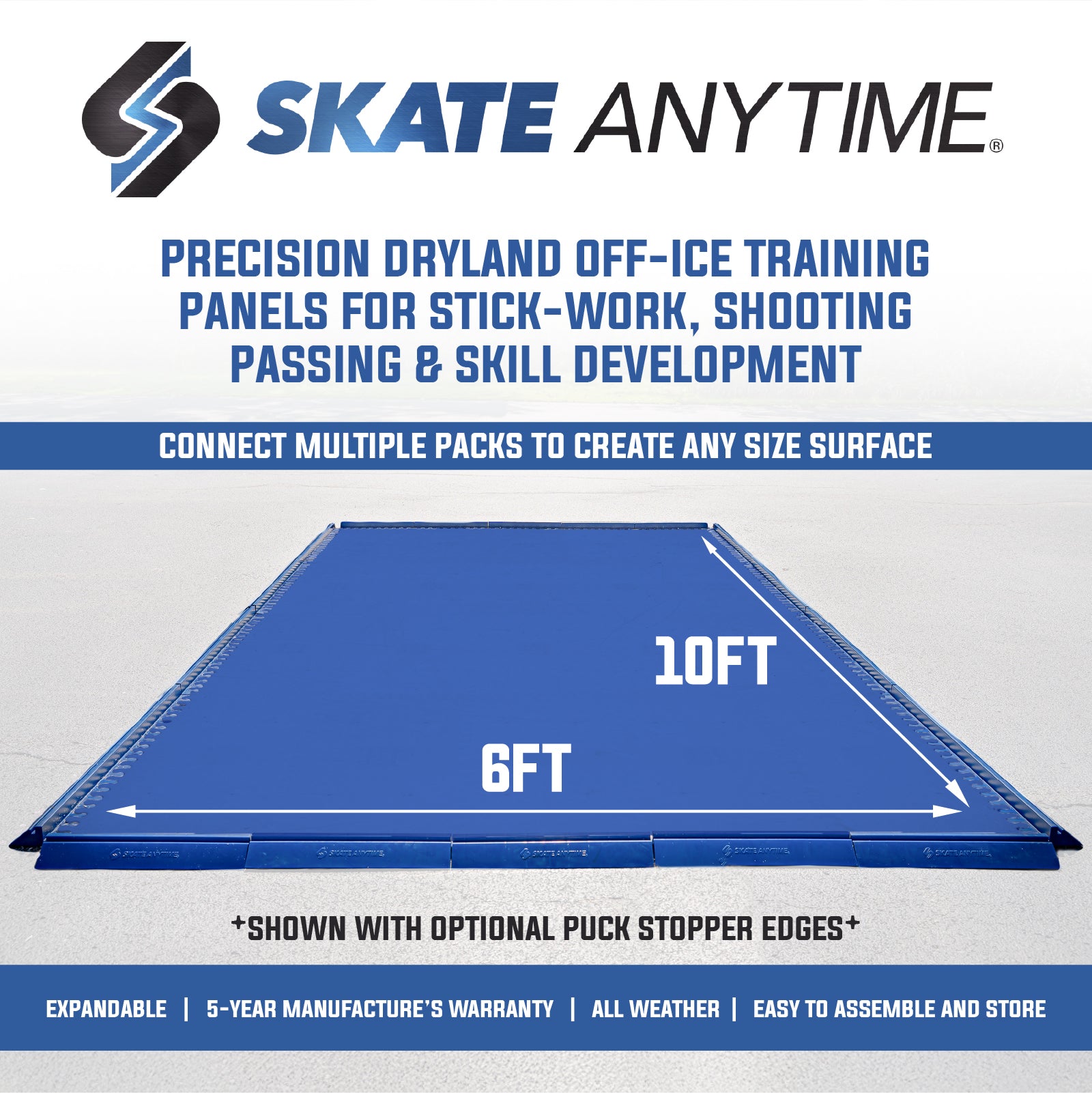 Blue precision dryland off-ice training panels shown on a light gray background with text detailing product features, dimensions (10ft by 6ft), and branding 'Skate Anytime'.