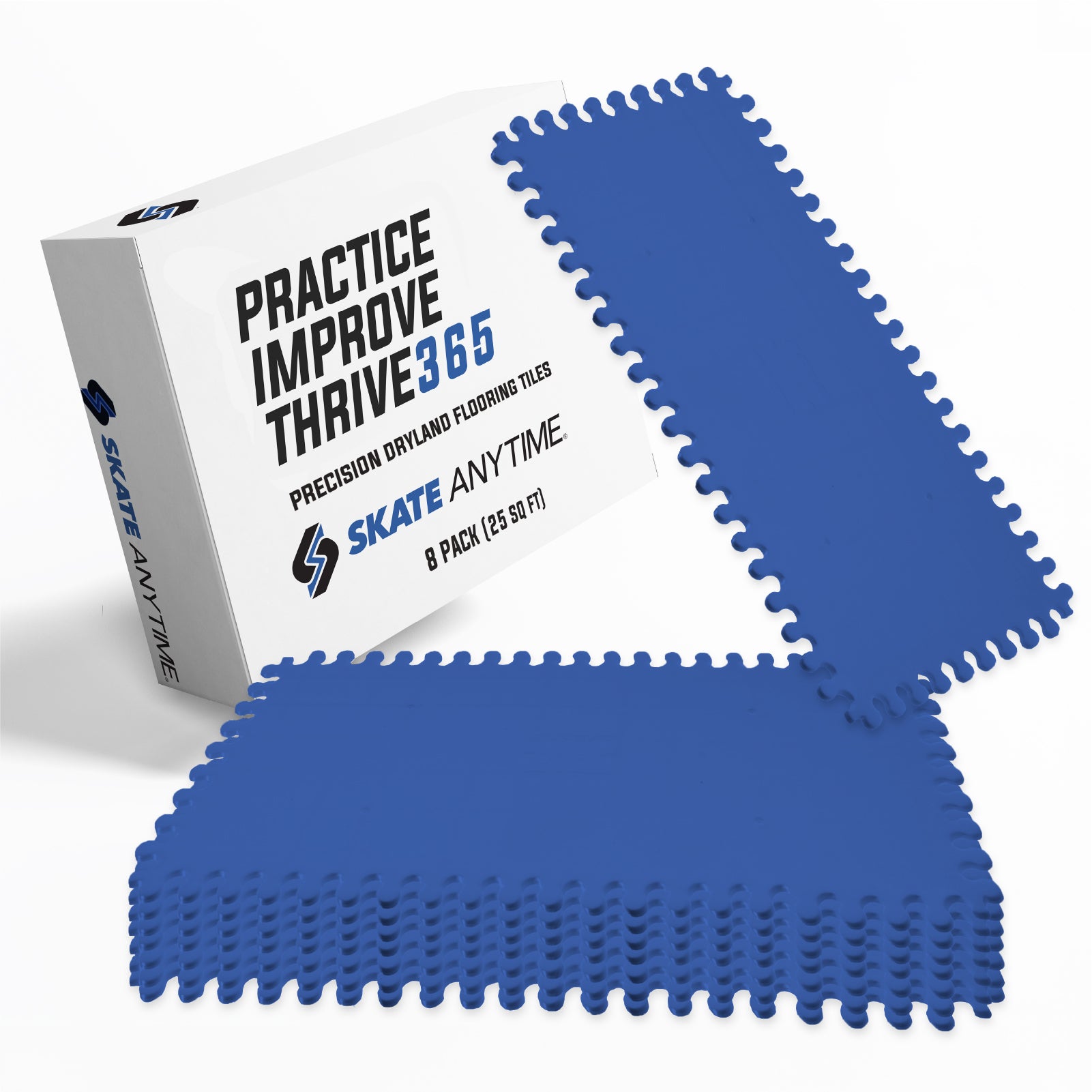 A 8-pack of blue interlocking precision dryland flooring tiles shown with their white branded retail box on a clean white background.