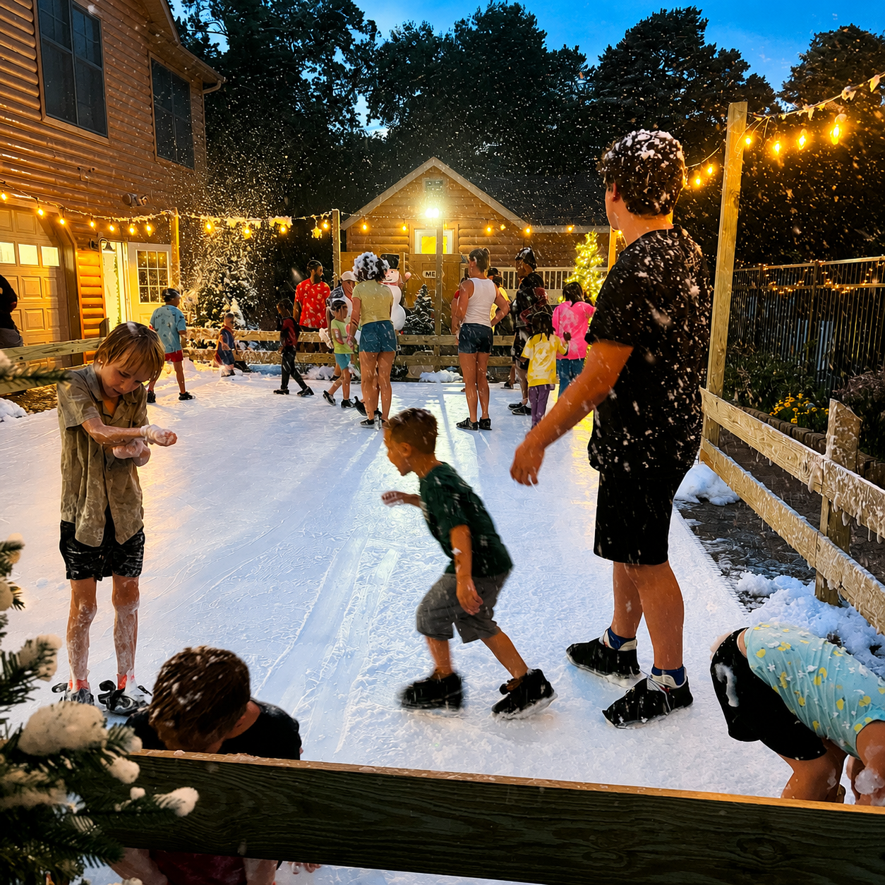 A group of children and adults playing in a snowy outdoor ice rink at dusk, with houses, string lights, and falling snow visible in the background.