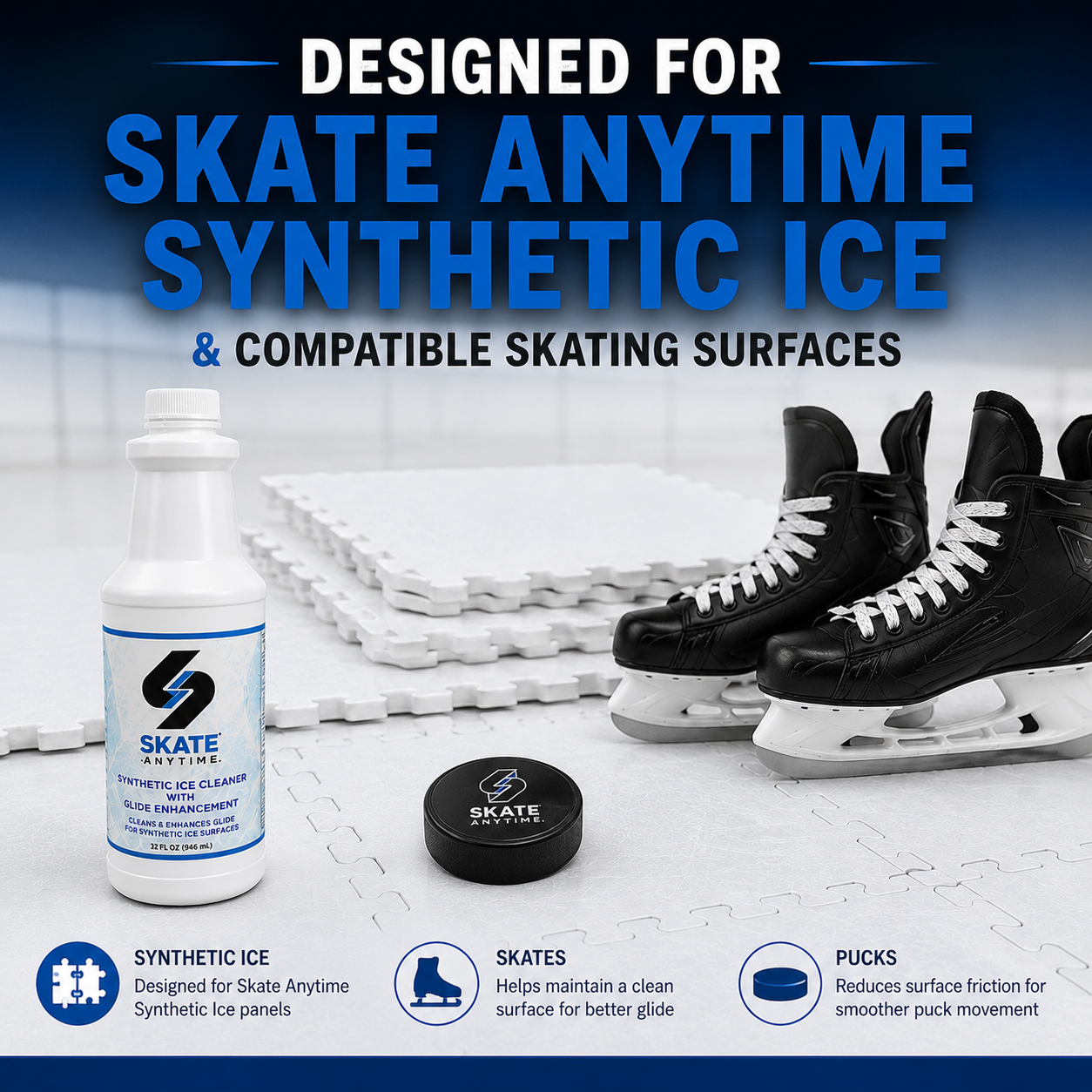 A bottle of Skate Anytime synthetic ice cleaner, a black puck, and black ice skates on white interlocking ice tiles, with large text reading 'DESIGNED FOR SKATE ANYTIME SYNTHETIC ICE & COMPATIBLE SKATING SURFACES'.