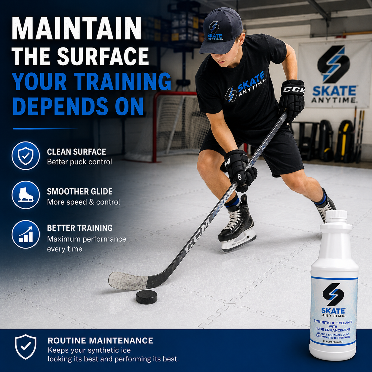 A hockey player in a black CCM training jersey and cap skates on an indoor ice rink while holding a hockey stick, with product marketing text and a bottle of Skate Anytime synthetic ice cleaning shown in the foreground.
