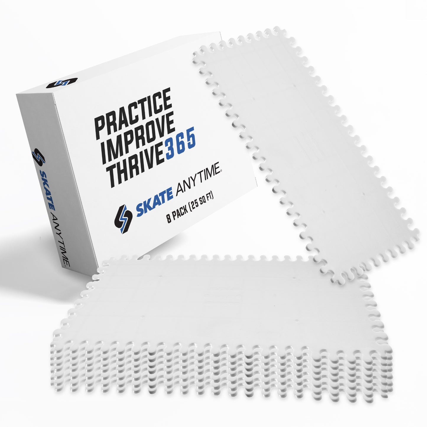 A 8-pack of gray interlocking precision dryland flooring tiles shown with their white branded retail box on a clean white background.