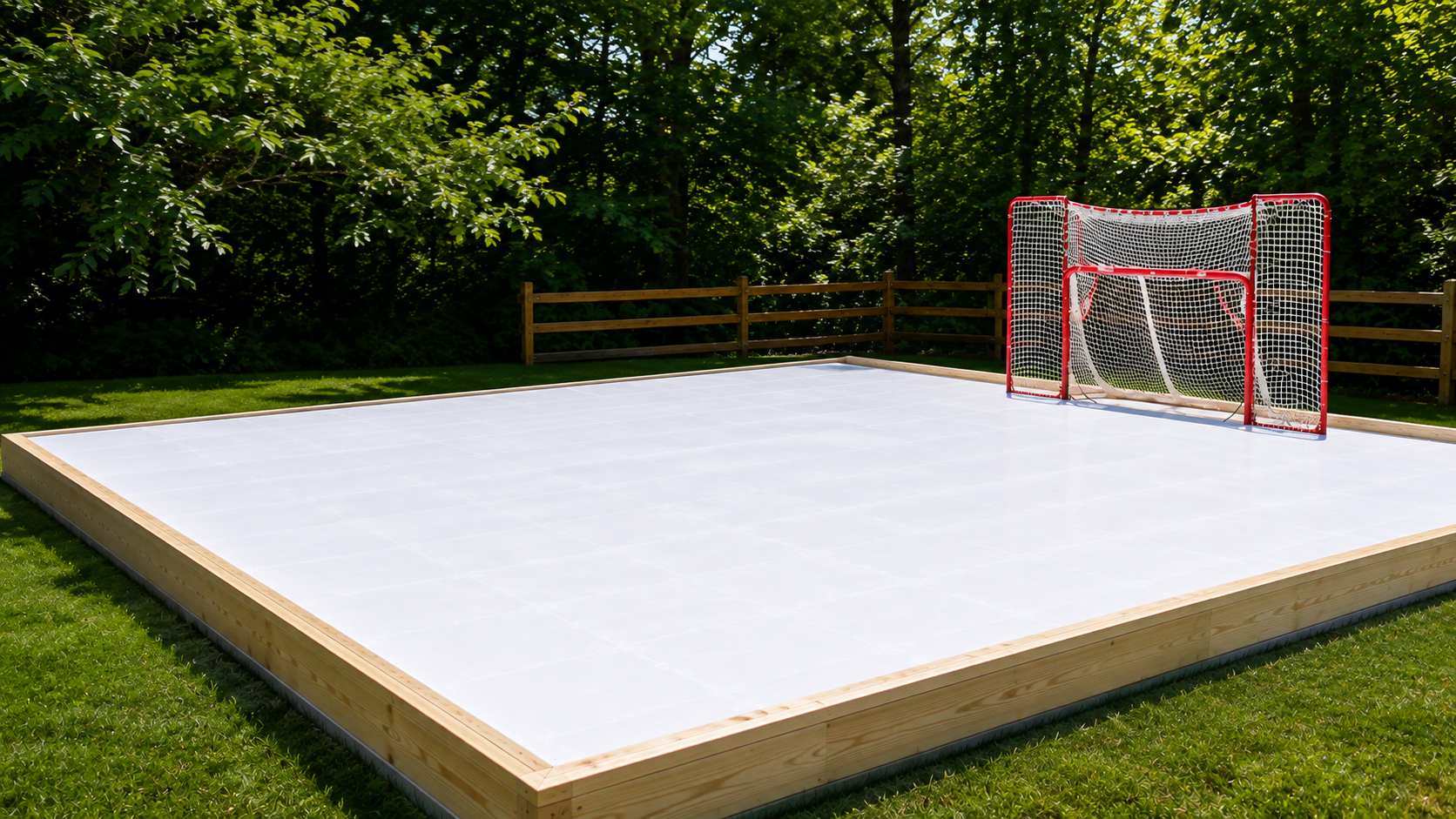 Outdoor hockey rink with a white ice surface, wooden frame, and red hockey goal on a grassy lawn with trees in the background.