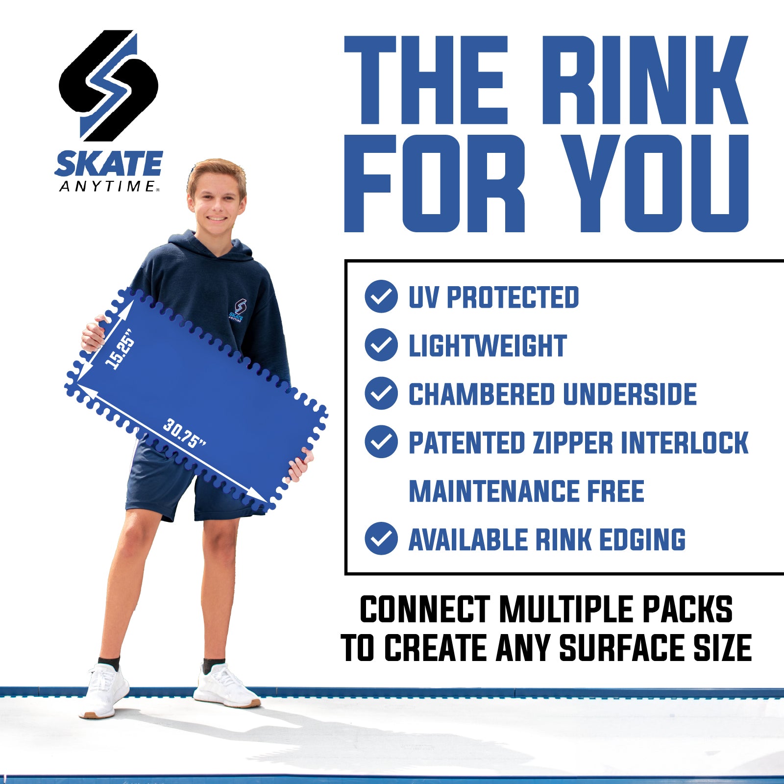 A promotional graphic for a large interlocking skate rink mat. A smiling young athlete in a navy hoodie and shorts stands holding the white mat, which has blue and gray markings.