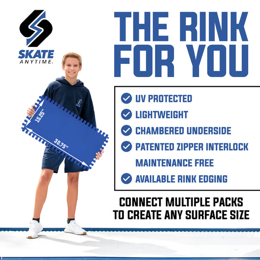 A promotional graphic for a large interlocking skate rink mat. A smiling young athlete in a navy hoodie and shorts stands holding the white mat, which has blue and gray markings.