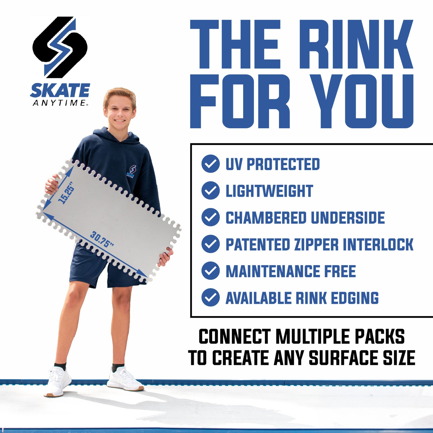 A promotional graphic for a large interlocking skate rink mat. A smiling young athlete in a navy hoodie and shorts stands holding the white mat, which has blue and gray markings.