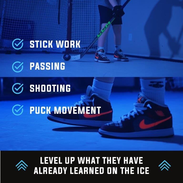 Promotional graphic for Nike skateboarding shoes, featuring a blue-toned hockey scene with text overlays highlighting stick work, passing, shooting, and puck movement, plus a bottom banner reading 'LEVEL UP WHAT THEY HAVE ALREADY LEARNED ON THE ICE'.