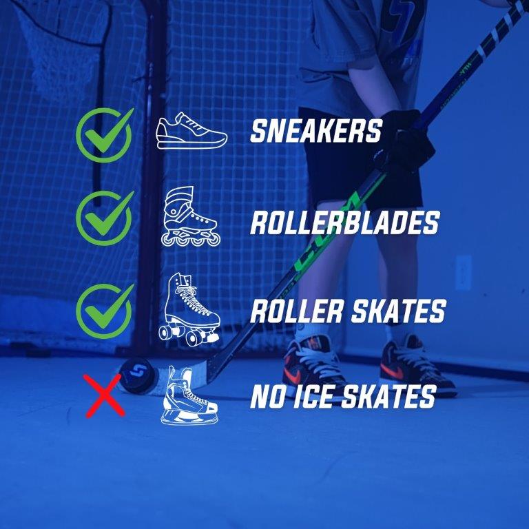A blue-tinted lifestyle graphic showing a person holding a hockey stick in front of a net, with text listing compatible product types: sneakers, rollerblades, roller skates, and no ice skates. Green check marks and a red X mark appear beside the words, with small line drawings of footwear.
