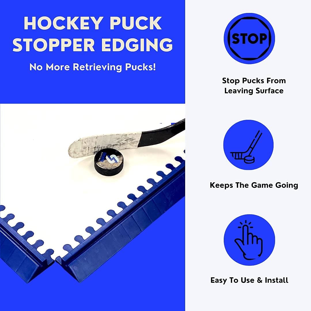 Hockey puck stopper edging shown installed along the bottom edge of a white sheet, with a hockey puck resting on top. The graphic includes blue text reading 'HOCKEY PUCK STOPPER EDGING' and three blue feature icons for stopping pucks, keeping the game going, and easy to use and install.