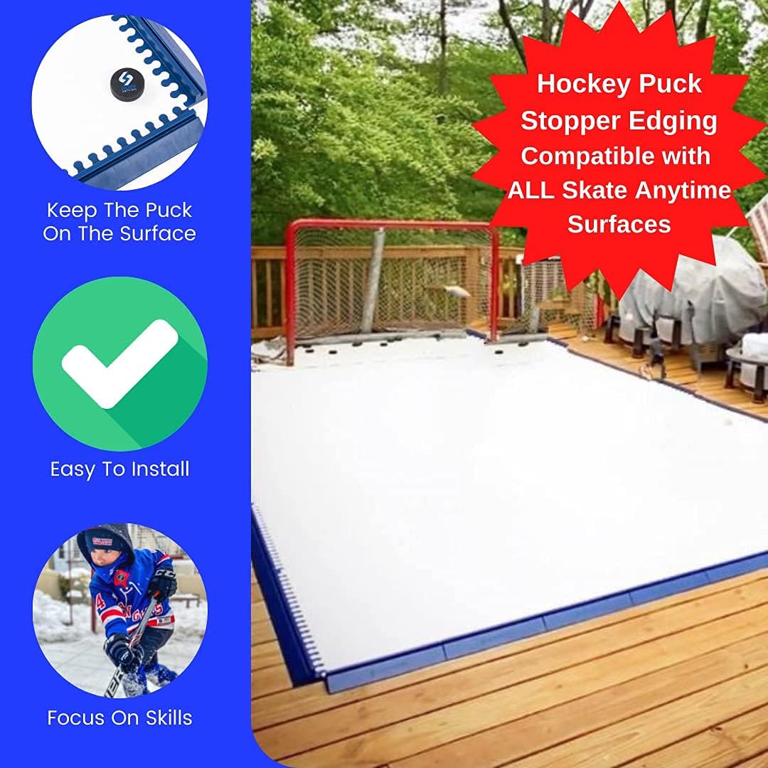 A hockey puck stopper edging mat shown installed around the edge of an outdoor ice rink on a wooden deck, with a red goal net in the background. The left side has a blue sidebar with three circular callouts: a close-up of the puck on the surface, a green checkmark reading 'Easy To Install,' and a child in snow gear reading 'Focus On Skills.