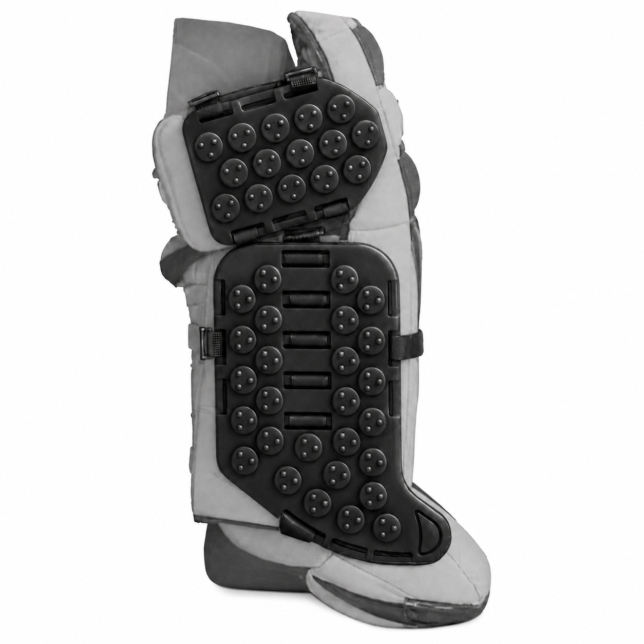 Gray and black protective boot with textured sole on a white background