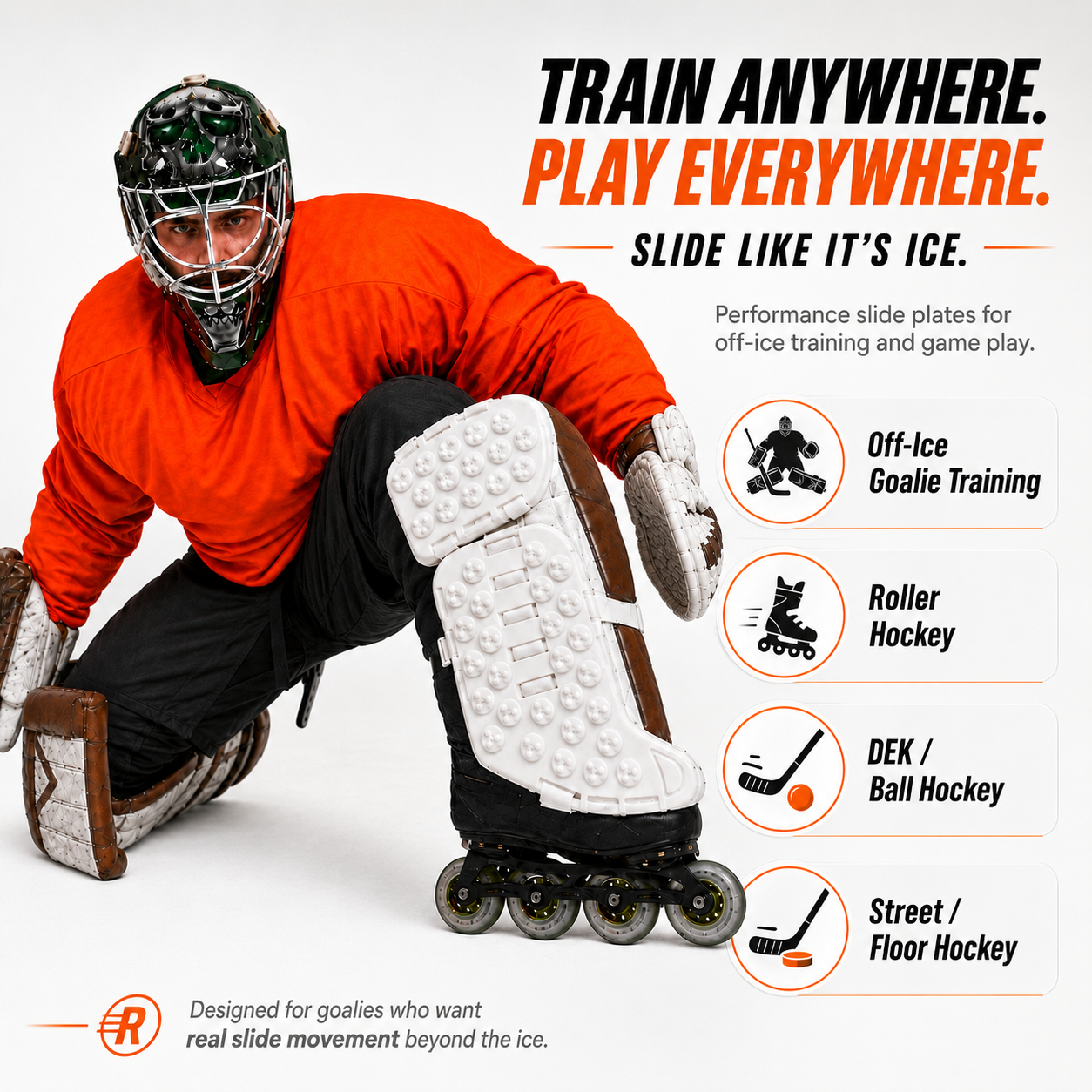 Person wearing roller hockey gear with promotional text about slide plates for various hockey activities.