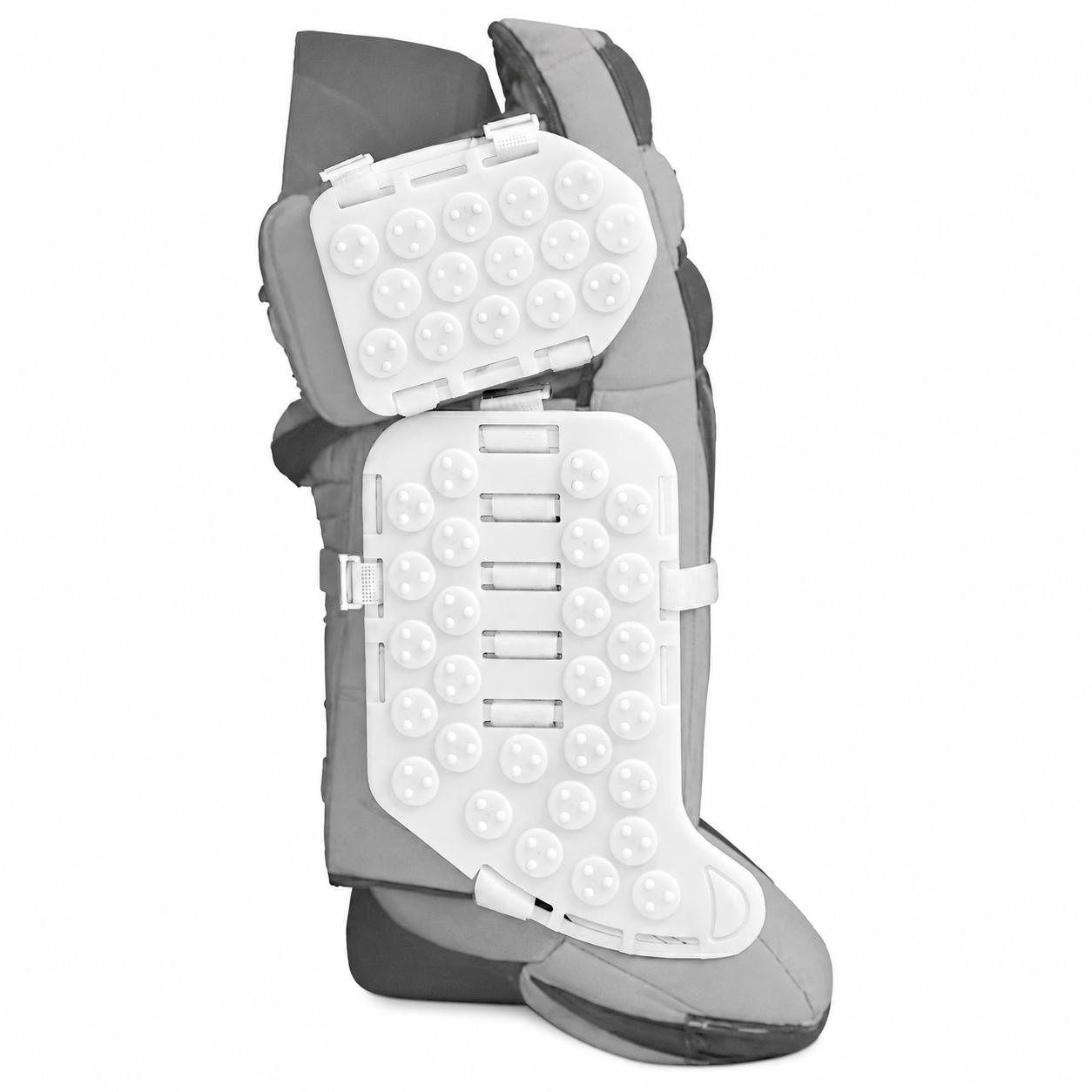 Gray and white protective gear with bubble design on a white background