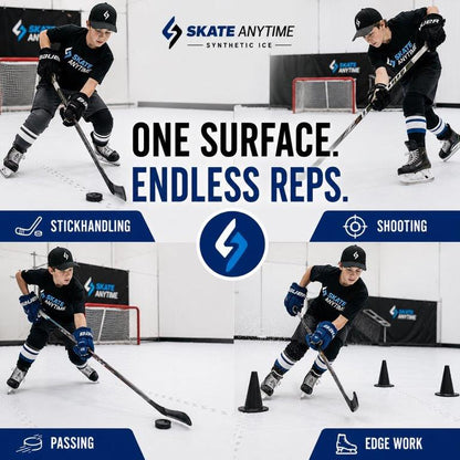 A promotional collage for Skate Anytime synthetic ice hockey training, showing multiple players on ice in black gear performing stickhandling, shooting, passing, and edge work on an indoor ice rink. Large text reads 'ONE SURFACE.