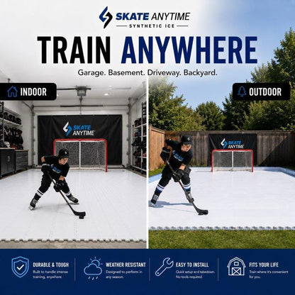 Promotional infographic for Skate Anytime synthetic ice rink expansion panels, showing three stages of building a rink: a small start-small setup, adding more panels, and a full large rink. The graphic includes product branding, text about expanding tomorrow, and feature icons at the bottom.